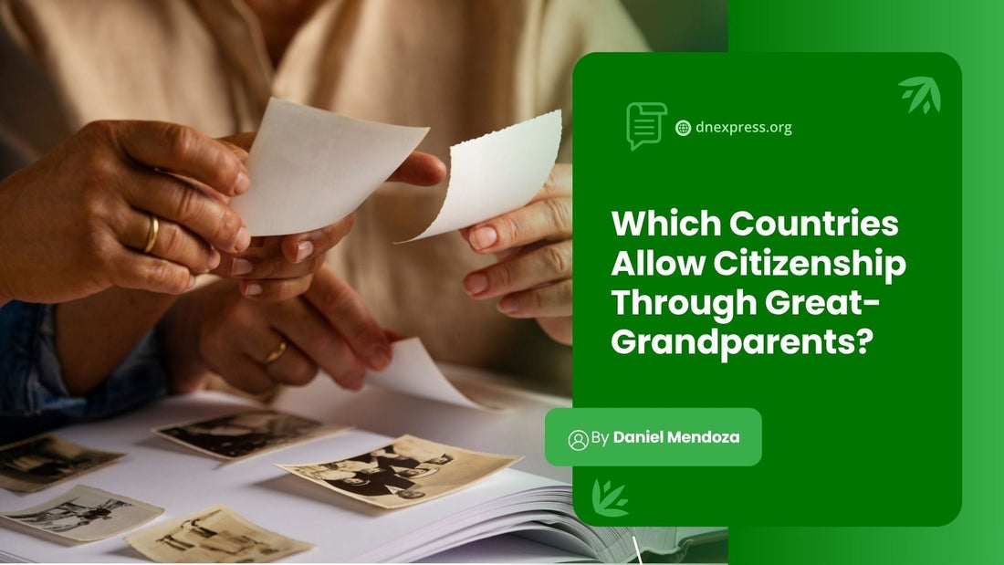 Elderly couple reviewing vintage great-grandparents photos in family album for citizenship by descent application