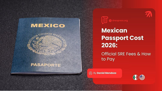 Mexican passport next to text overlay: Mexican Passport Cost 2026 Official SRE Fees & How to Pay by DNExpress