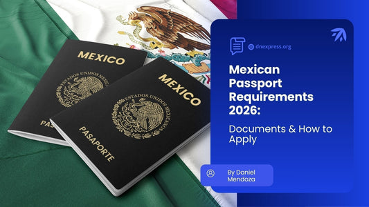 Two Mexican passports on Mexican flag showing 2026 requirements