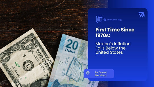 20 Mexican pesos bill next to 1 US dollar bill - Mexico inflation 3.37% below US 4.2% June 2026
