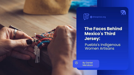 Hands of indigenous artisan from Naupan, Puebla embroidering Mexico's black third jersey for the 2026 FIFA World Cup