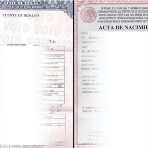 Opened Mexican and U.S. birth certificate documents on a table