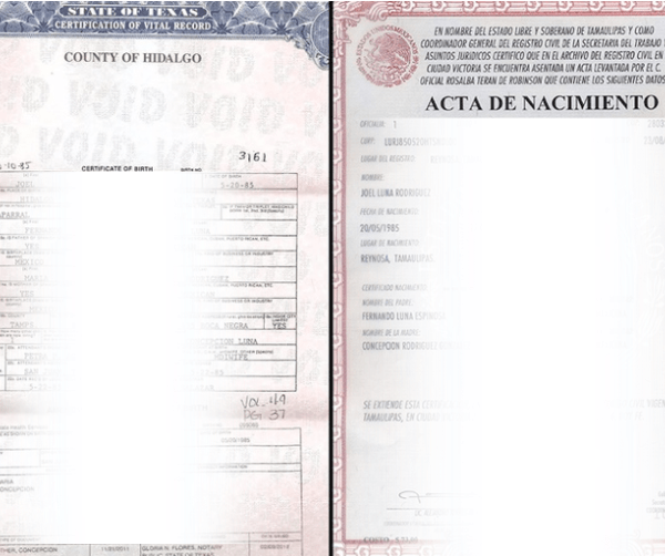 Opened Mexican and U.S. birth certificate documents on a table