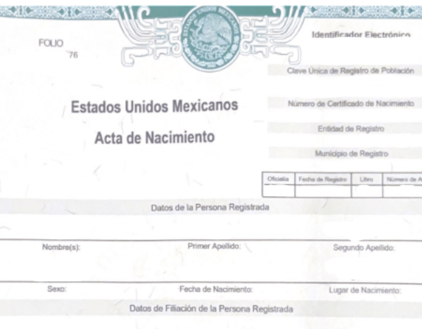 Scanned Mexican birth certificate page with official seal