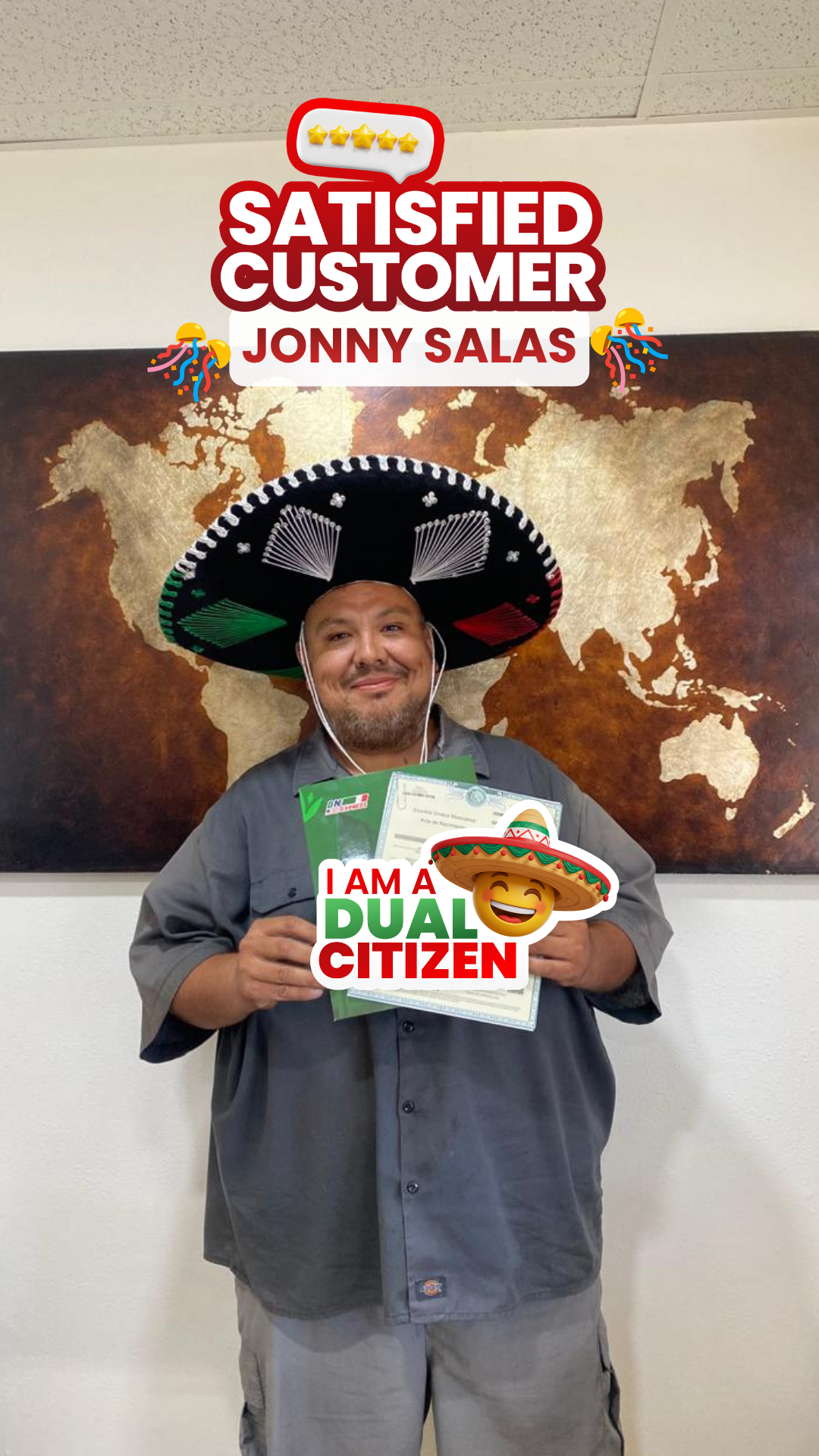 Jonny Salas holding Mexican birth certificate after completing Mexican dual citizenship process with DNExpress from home