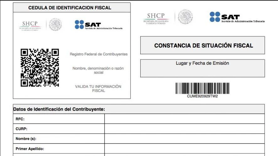 Sample Mexican Tax ID Certificate RFC issued by SAT 2026 showing empty fields for privacy - obtained 100% online in 5 weeks with DNExpress