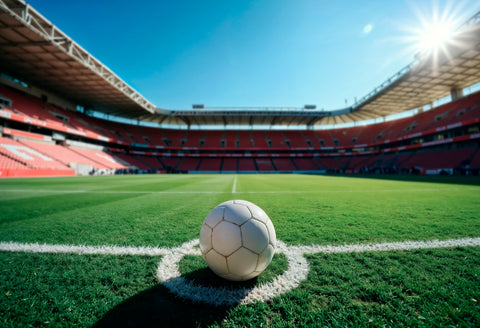 Balon blanco en medio de una cancha de un estadio de futbol